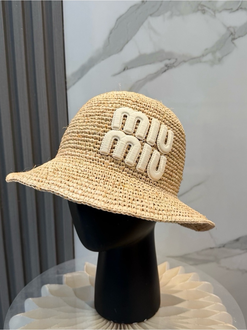 Miu Miu Natural Straw Logo Bucket Hat with Cream Appliqué